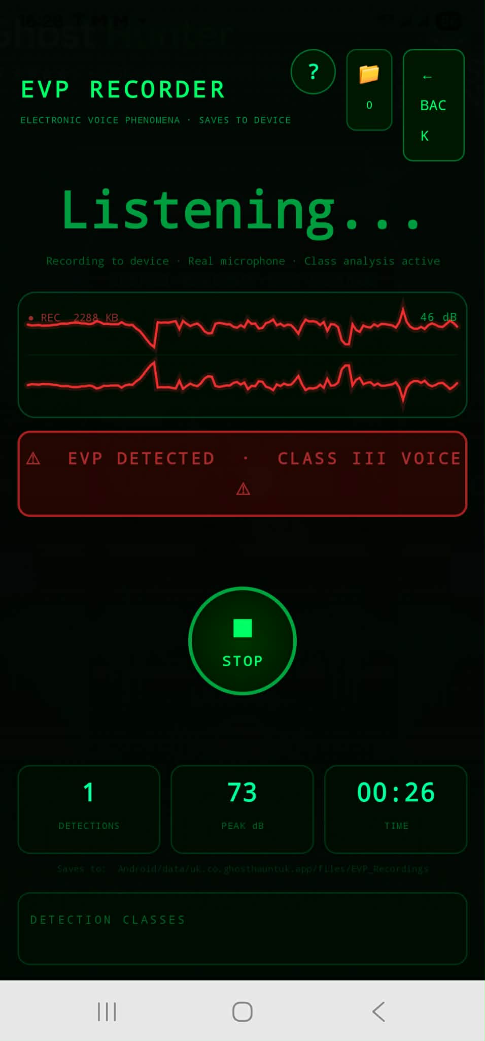 EVP recorder with Class III voice detected